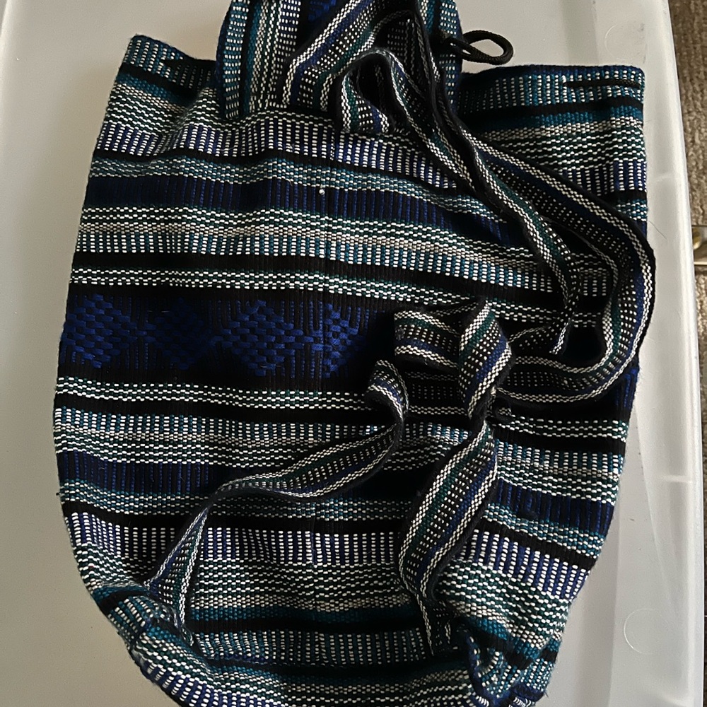 Mexican Rug Pattern Backpack Striped Blue, White and Black Drawstring Top - Picture 3 of 4